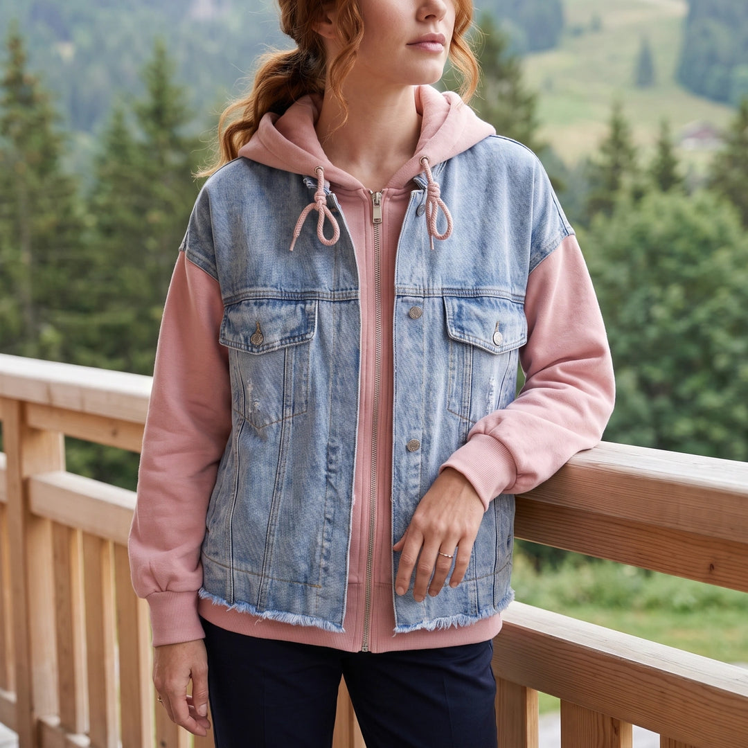 Micaela Frayed Denim Layered Zip Hoodie Jacket - Pink