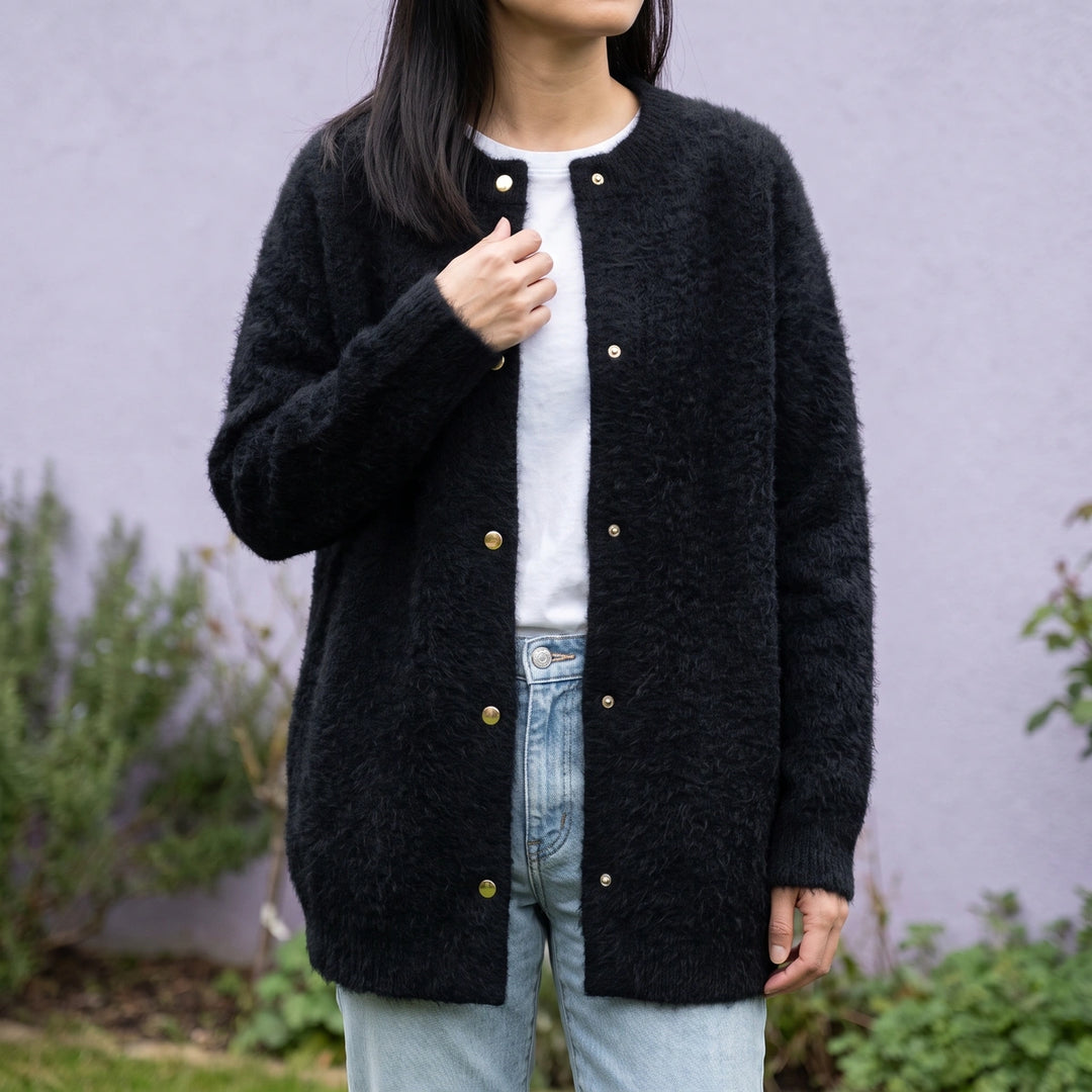 Mirela Fuzzy Knit Longline Snap Cardigan - Black