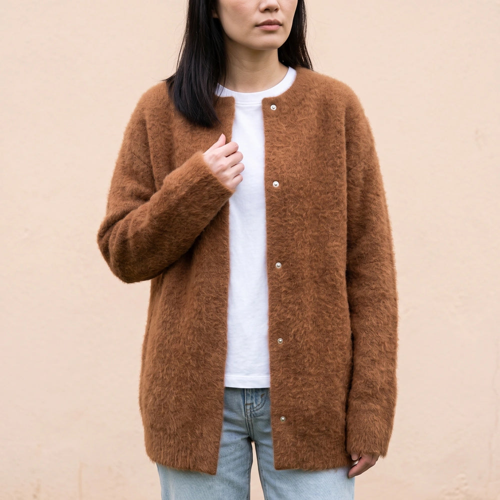Mirela Fuzzy Knit Longline Snap Cardigan - Brown