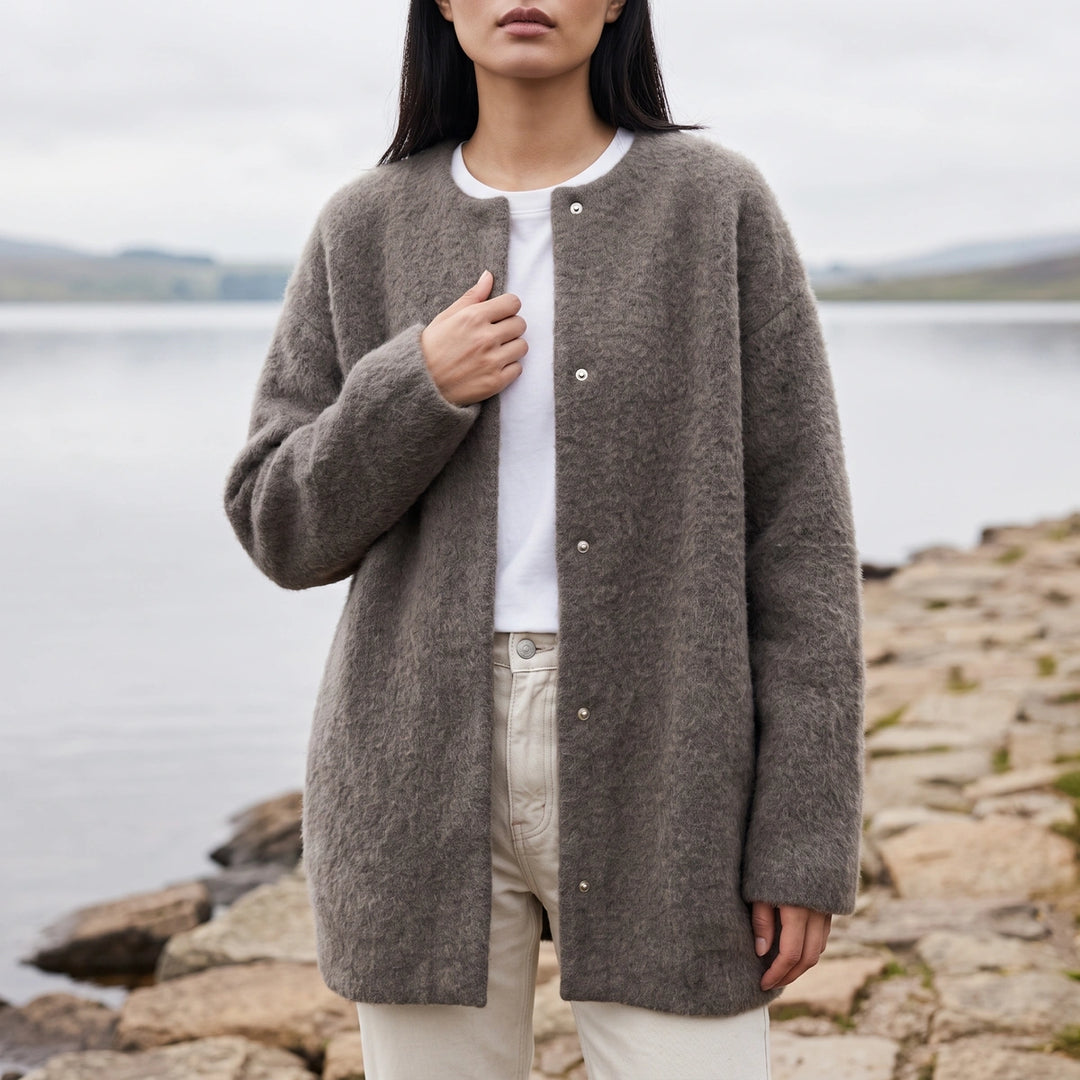 Mirela Fuzzy Knit Longline Snap Cardigan - Gray