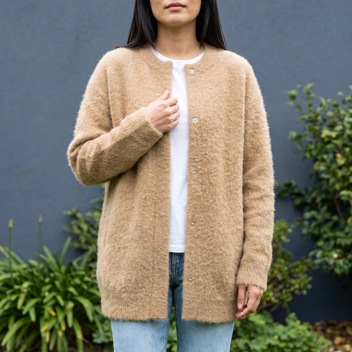 Mirela Fuzzy Knit Longline Snap Cardigan - Khaki