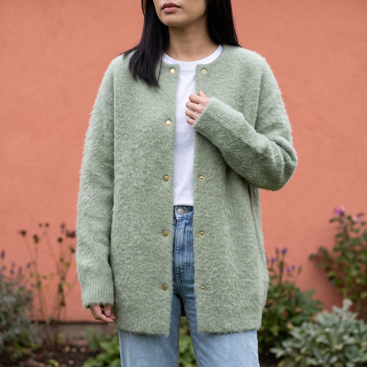 Mirela Fuzzy Knit Longline Snap Cardigan - Sage