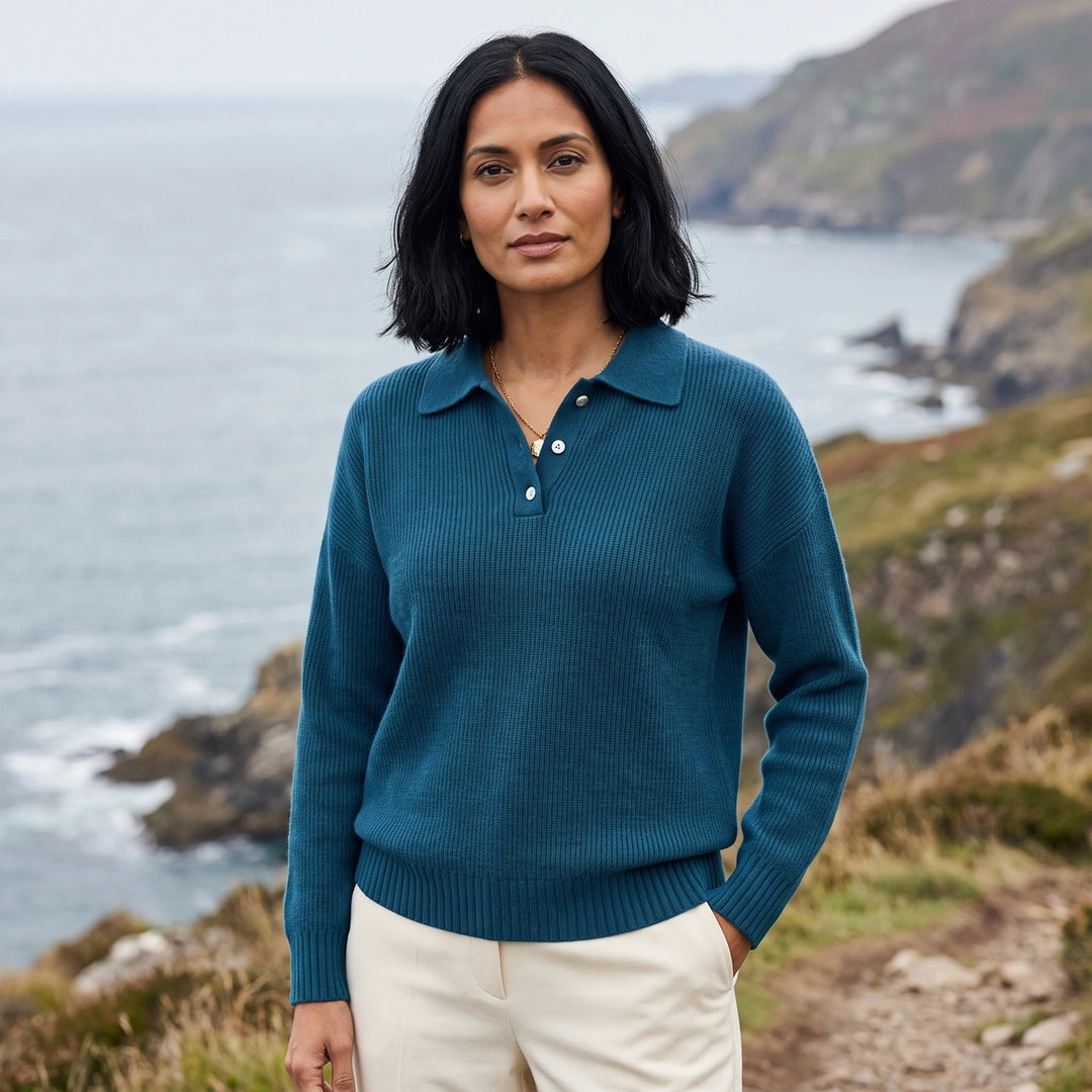 Mirren Relaxed Polo Collar Knit Sweater - Blue