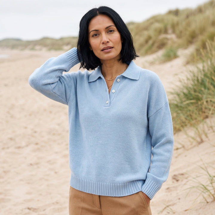 Mirren Relaxed Polo Collar Knit Sweater - Light Blue