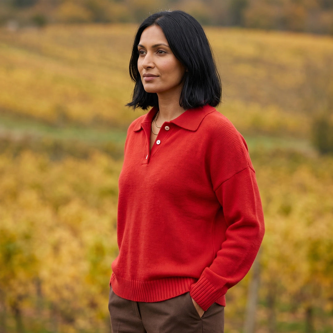 Mirren Relaxed Polo Collar Knit Sweater - Red