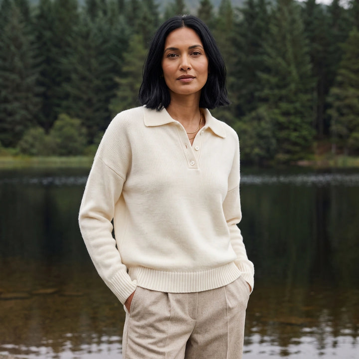 Mirren Relaxed Polo Collar Knit Sweater - White
