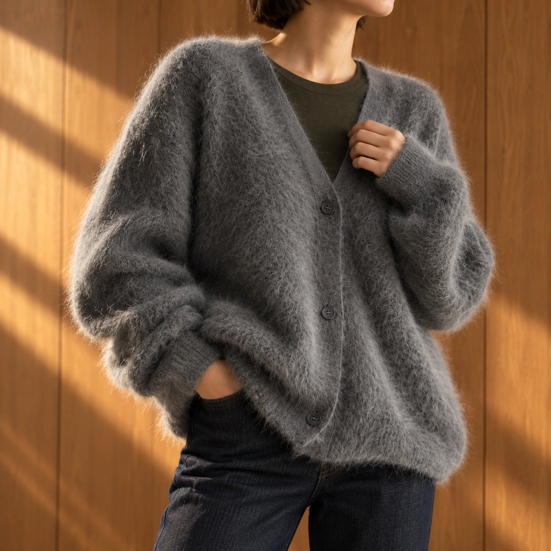 Moira Fuzzy Brushed Knit V-Neck Cardigan - Dark Gray