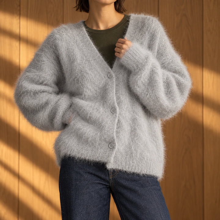 Moira Fuzzy Brushed Knit V-Neck Cardigan - Light Gray