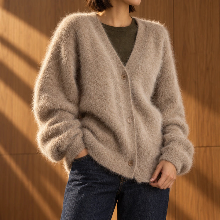 Moira Fuzzy Brushed Knit V-Neck Cardigan - Taupe