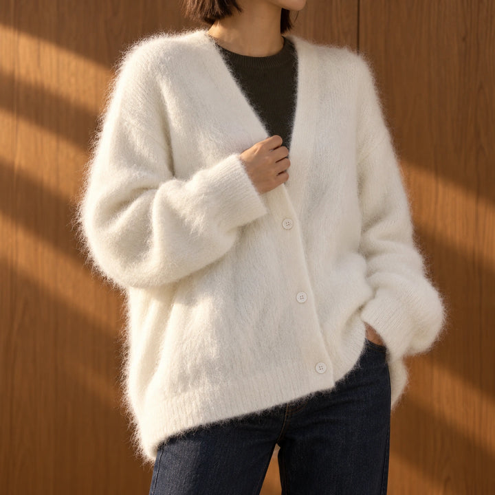 Moira Fuzzy Brushed Knit V-Neck Cardigan - White