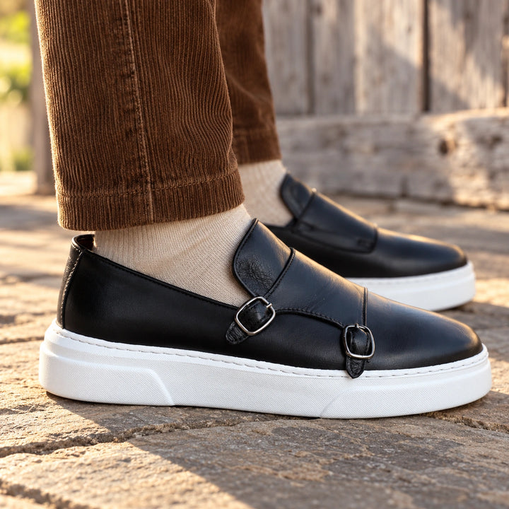 Monty Genuine Leather Double Buckle Slip On Shoes - Black