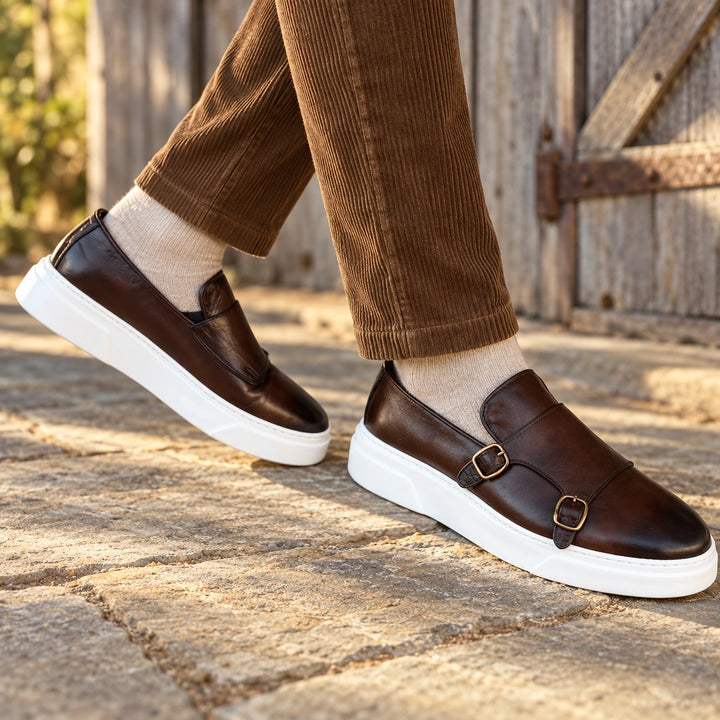 Monty Genuine Leather Double Buckle Slip On Shoes - Brown