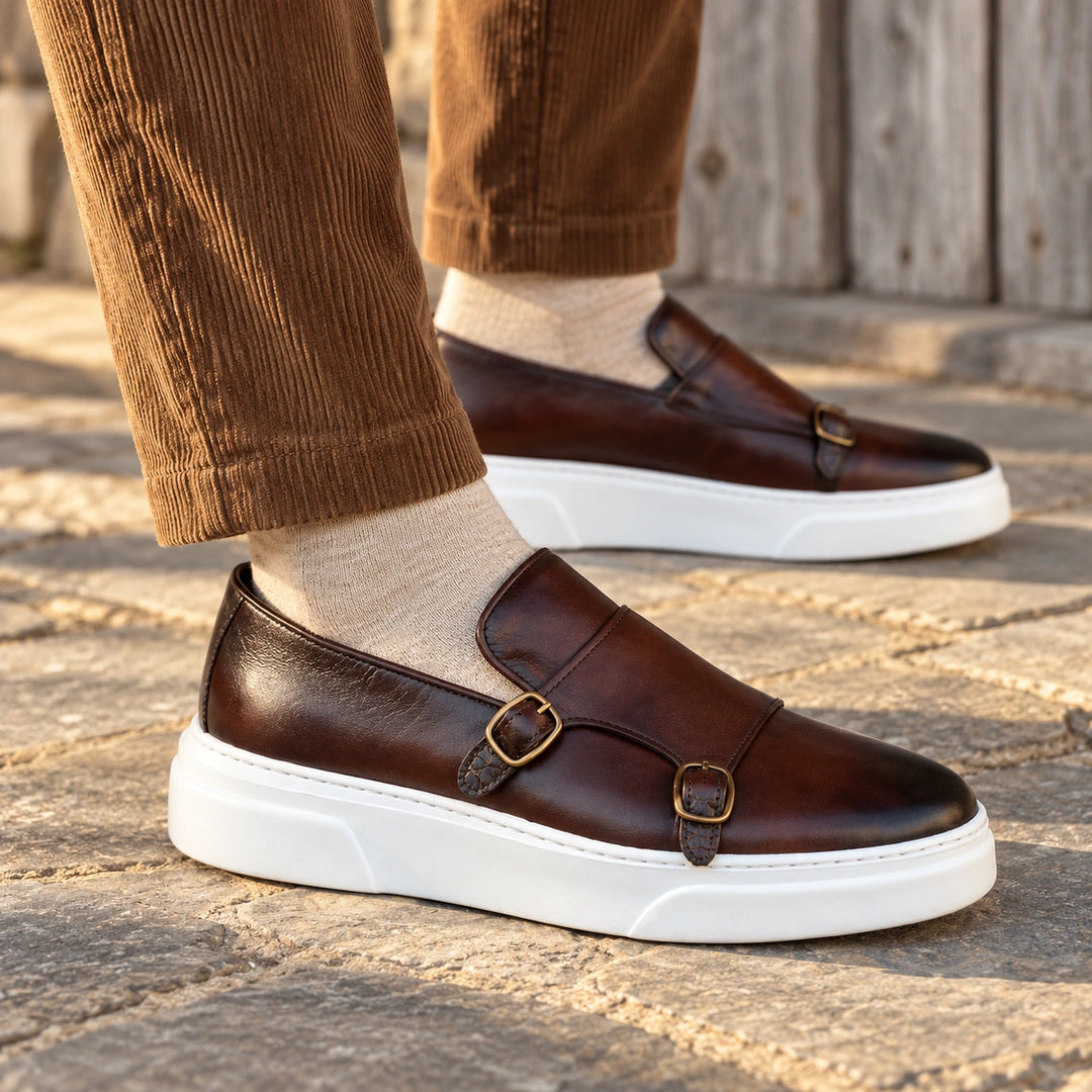 Monty Genuine Leather Double Buckle Slip On Shoes - Brown