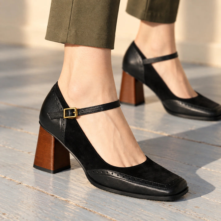 Myra Two Tone Mary Jane Heels - Black
