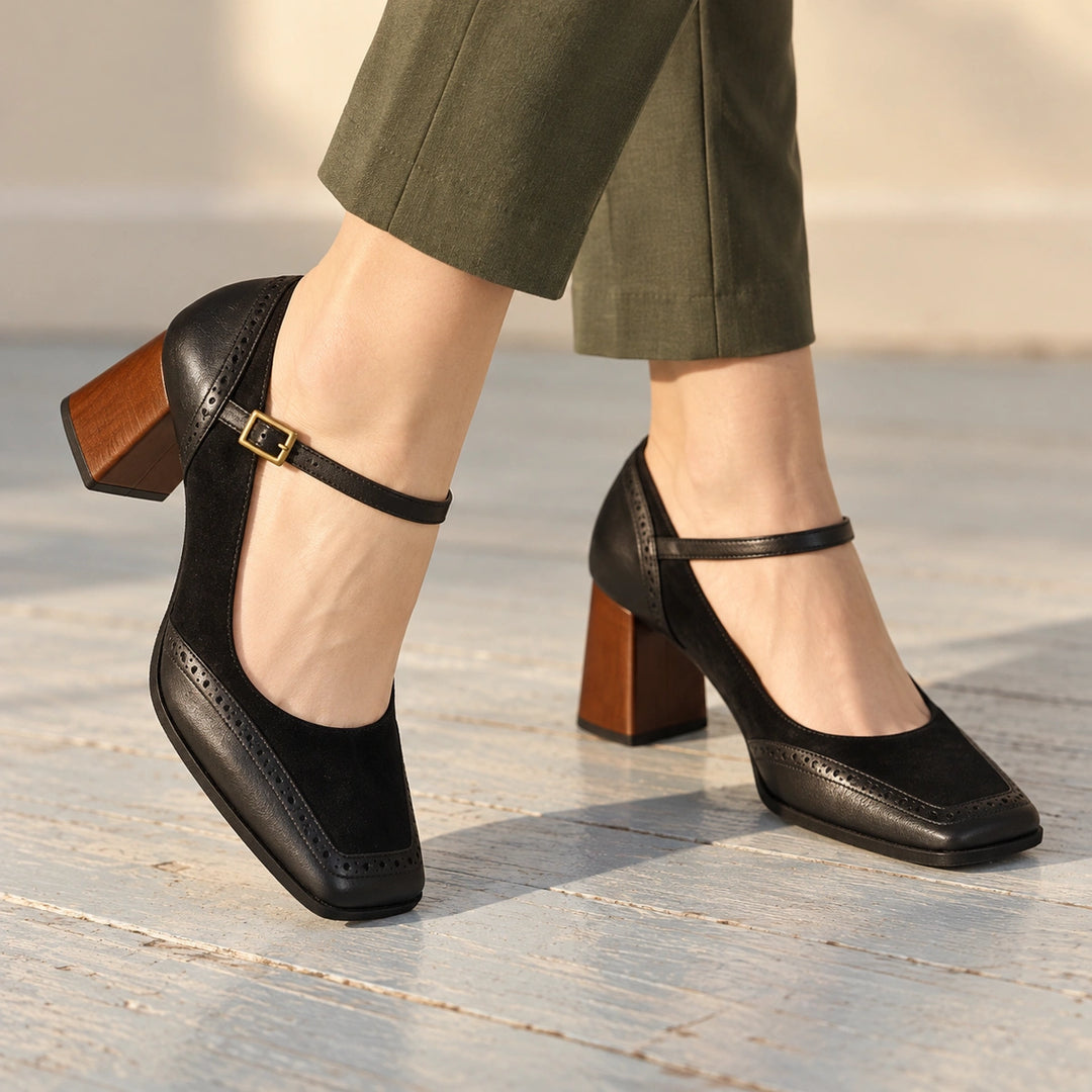 Myra Two Tone Mary Jane Heels - Black