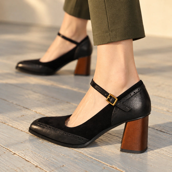 Myra Two Tone Mary Jane Heels - Black