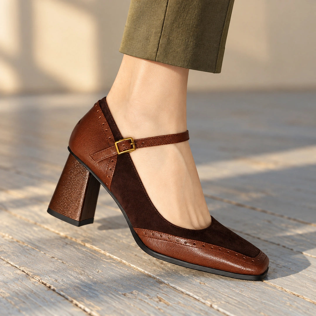 Myra Two Tone Mary Jane Heels - Brown
