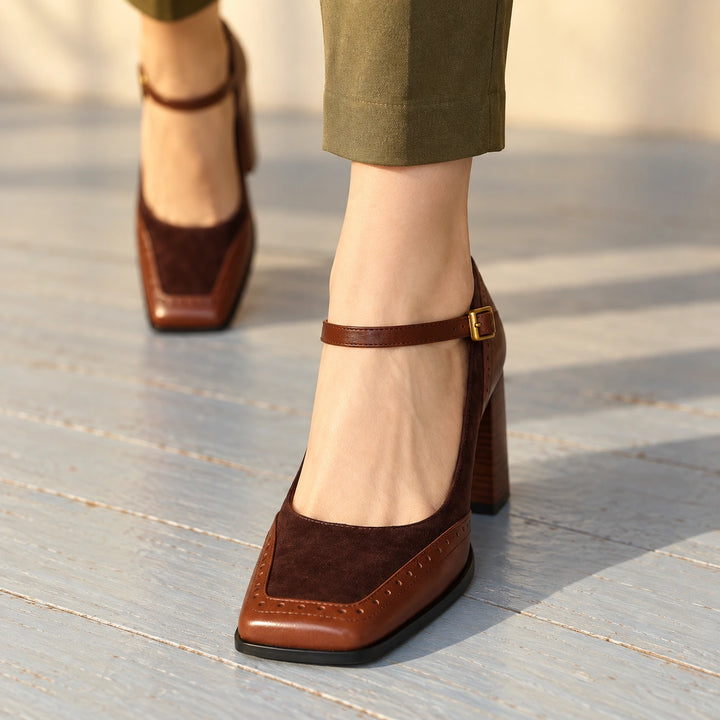 Myra Two Tone Mary Jane Heels - Brown