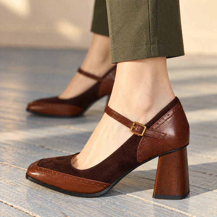 Myra Two Tone Mary Jane Heels - Brown