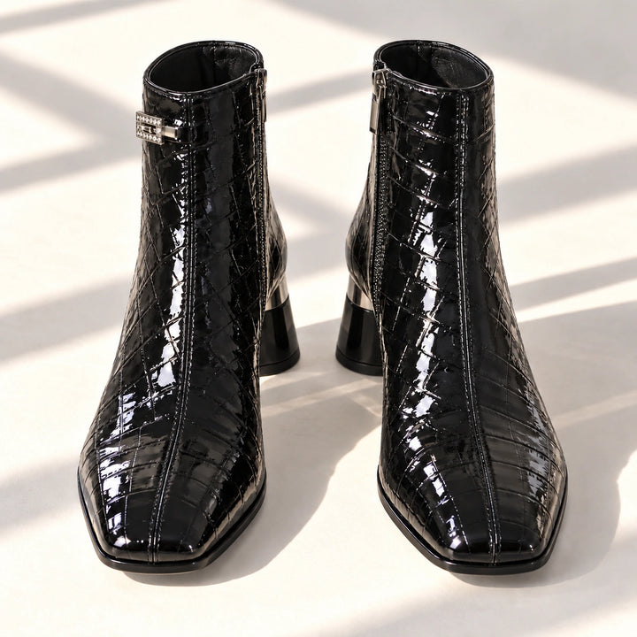 Naomi Glossy Croc Square Toe Block Heel Ankle Boots - Black