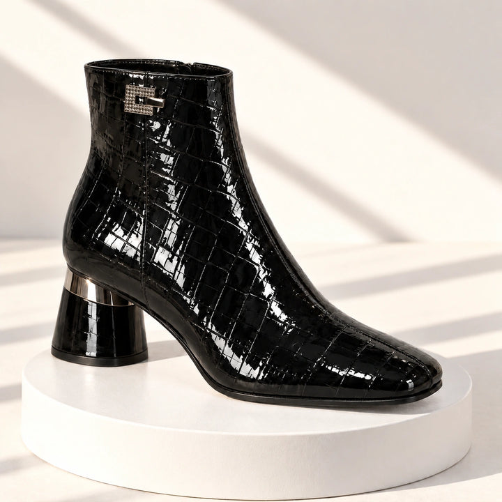 Naomi Glossy Croc Square Toe Block Heel Ankle Boots - Black