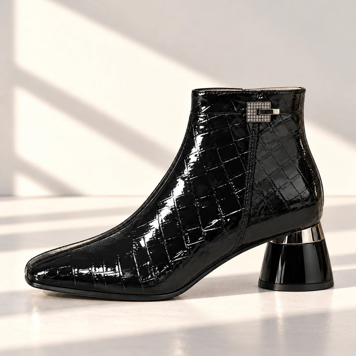 Naomi Glossy Croc Square Toe Block Heel Ankle Boots - Black