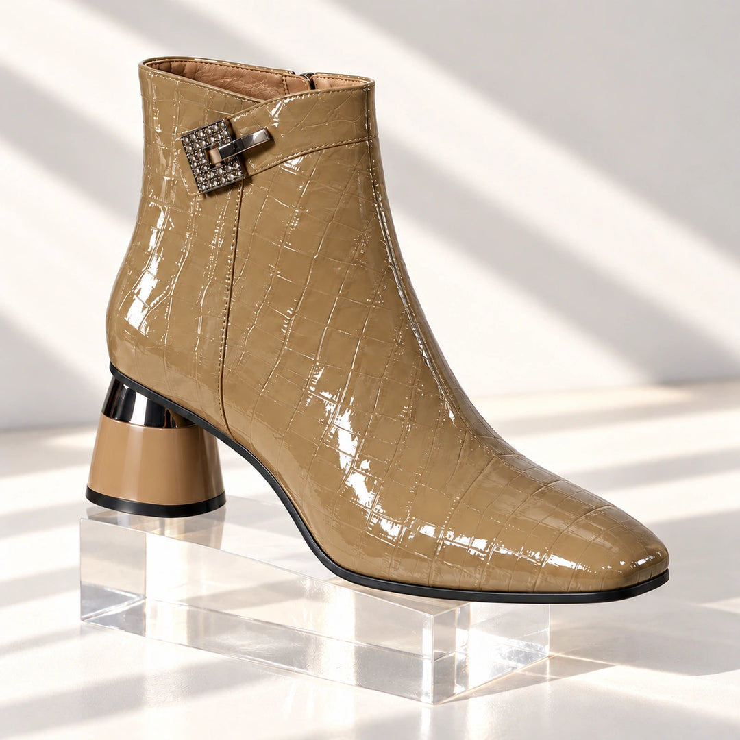 Naomi Glossy Croc Square Toe Block Heel Ankle Boots - Khaki
