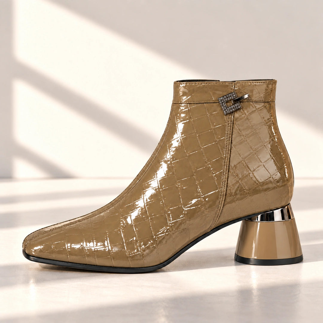 Naomi Glossy Croc Square Toe Block Heel Ankle Boots - Khaki