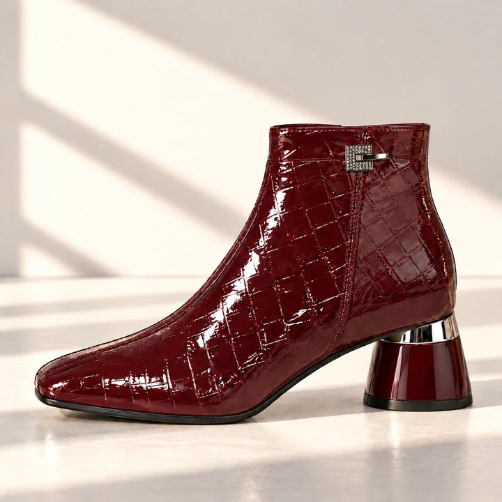 Naomi Glossy Croc Square Toe Block Heel Ankle Boots - Wine Red