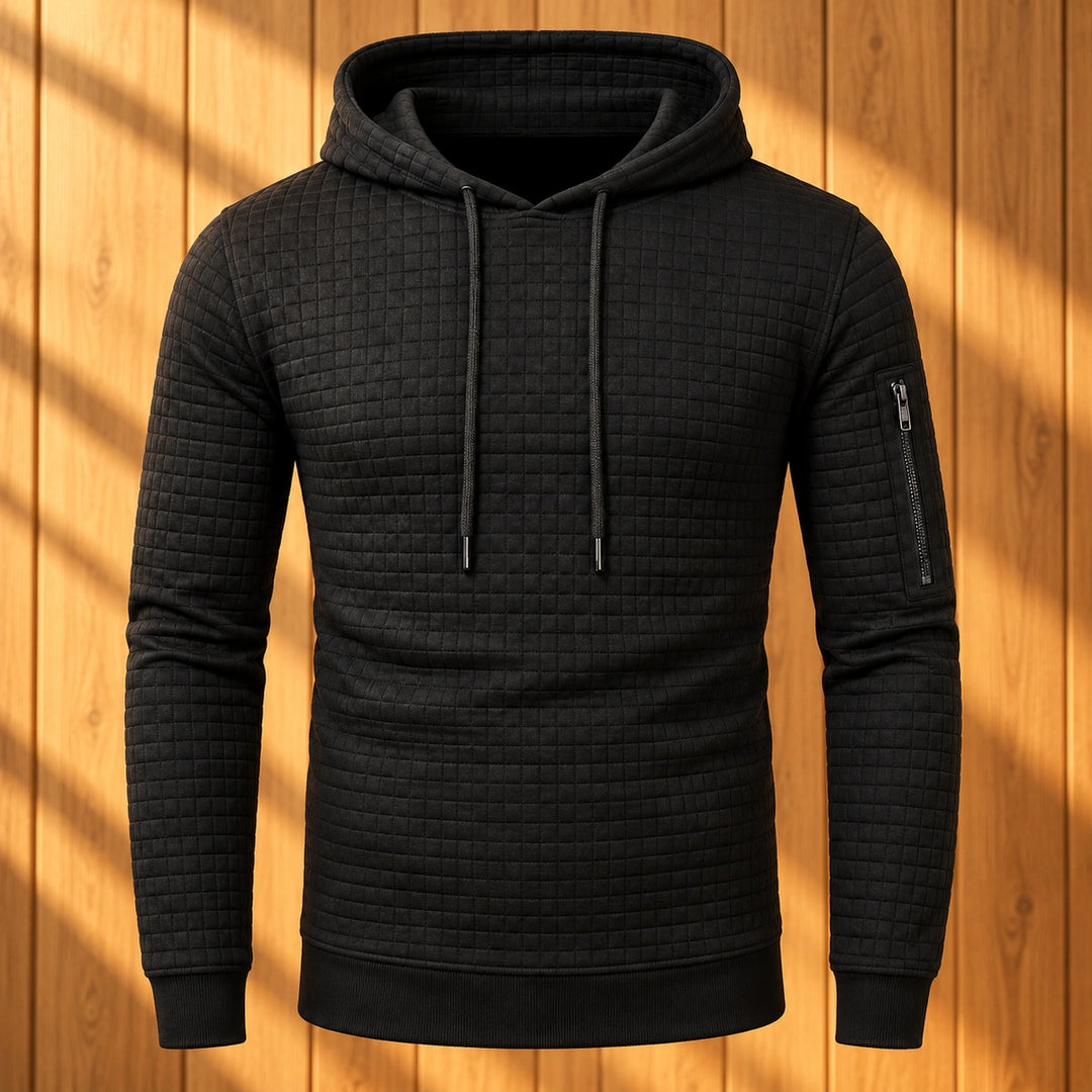 Nigel Quilted Grid Knit Pullover Hoodie - Black
