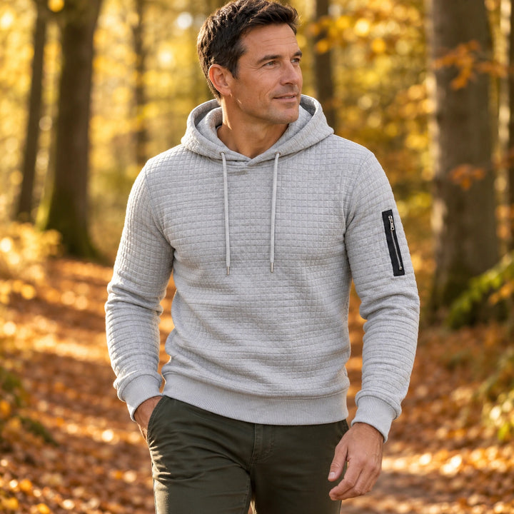 Nigel Quilted Grid Knit Pullover Hoodie - Gray