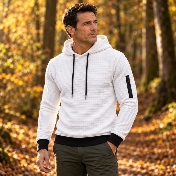 Nigel Quilted Grid Knit Pullover Hoodie - White