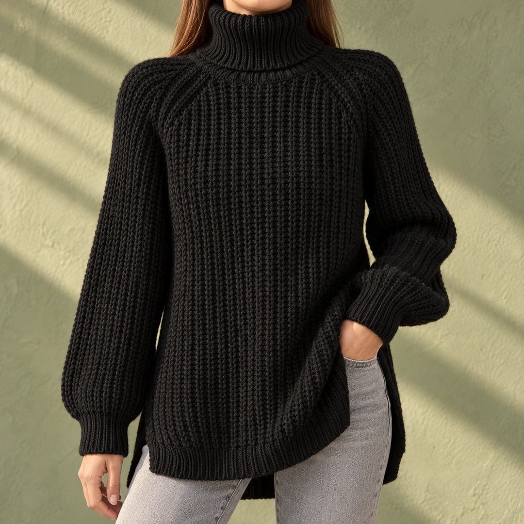 Nina Chunky Rib Knit Oversized Turtleneck - Black