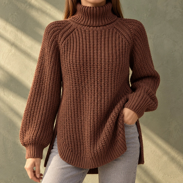 Nina Chunky Rib Knit Oversized Turtleneck - Dark brown