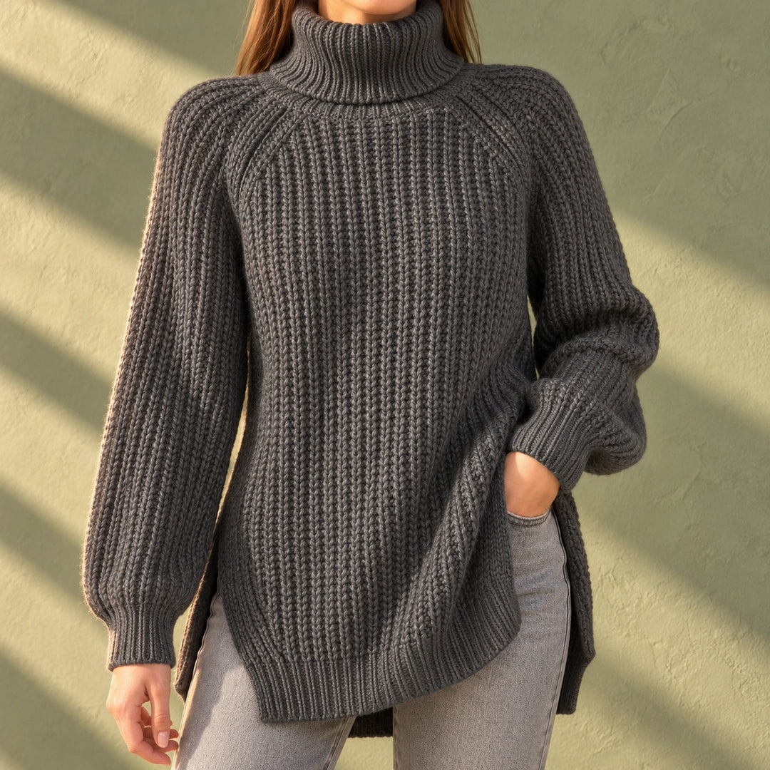Nina Chunky Rib Knit Oversized Turtleneck - Gray