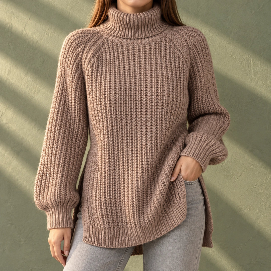 Nina Chunky Rib Knit Oversized Turtleneck - Light brown
