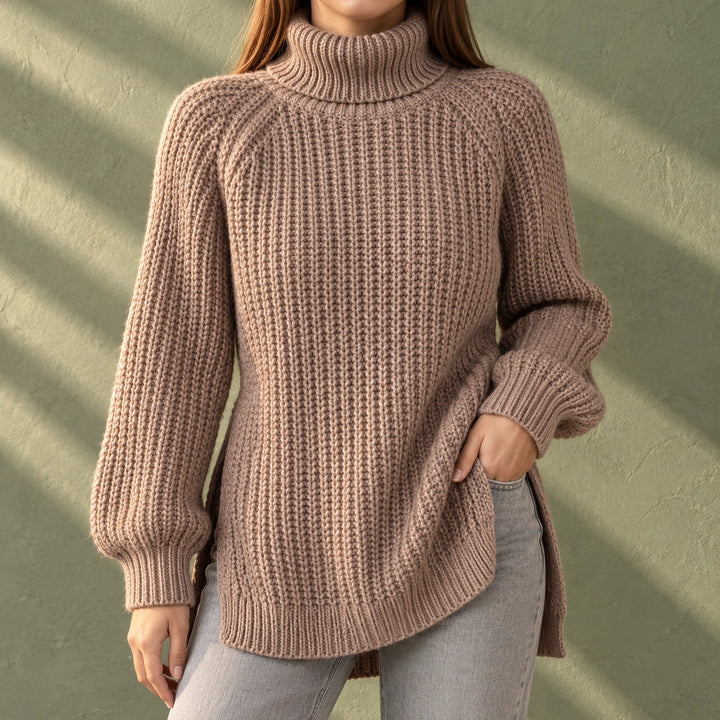 Nina Chunky Rib Knit Oversized Turtleneck - Light brown