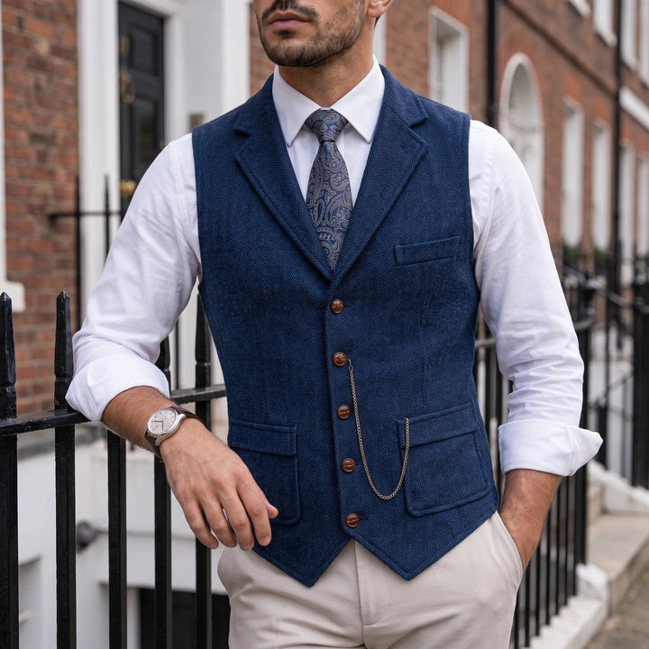Nolan Herringbone Waistcoat - Blue