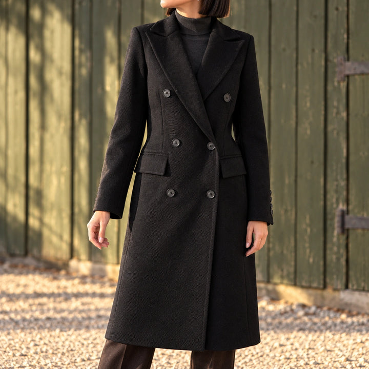 Norah Twill Double Breasted Longline Coat - Black