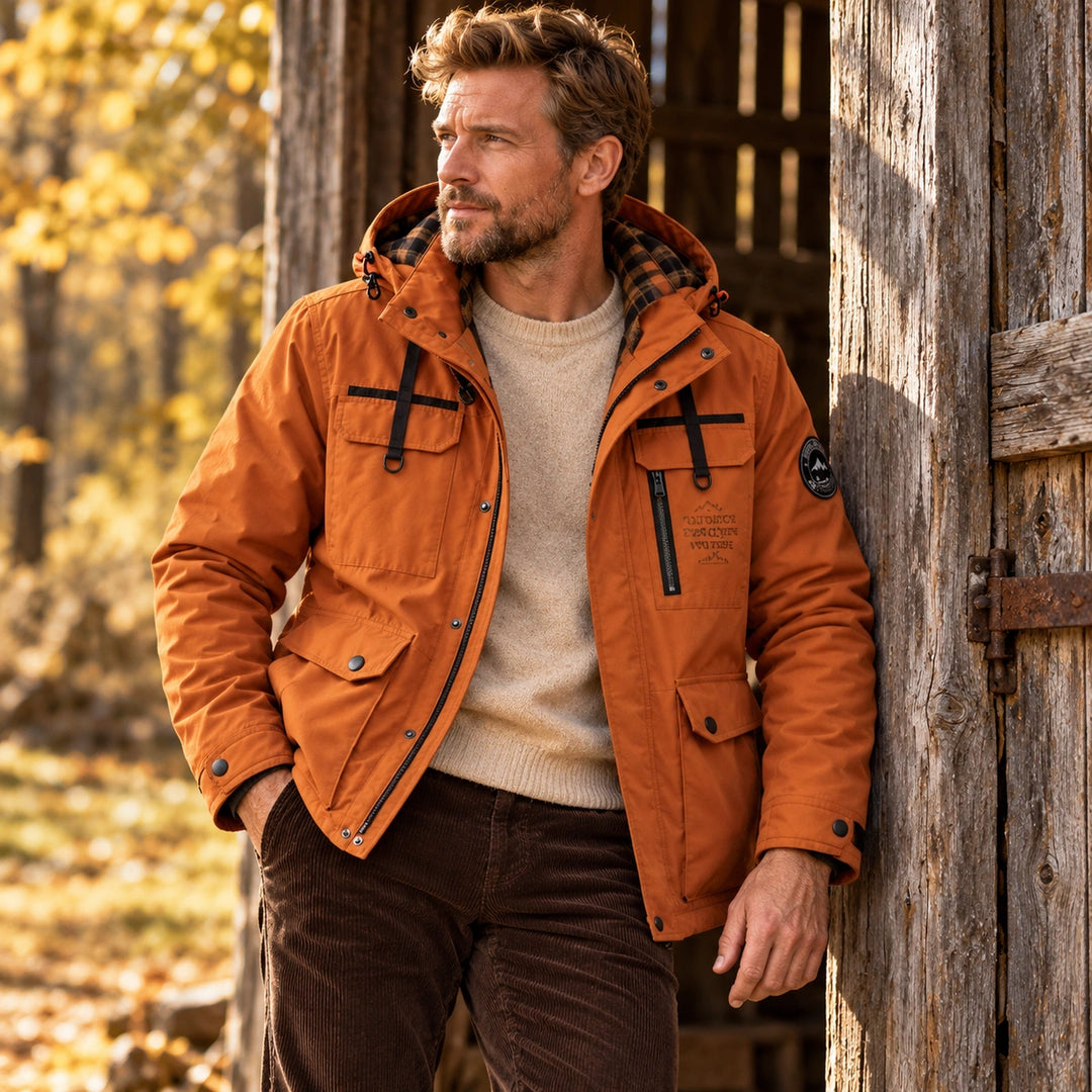 Ogden Plaid Lined Hooded Cargo Jacket - Orange