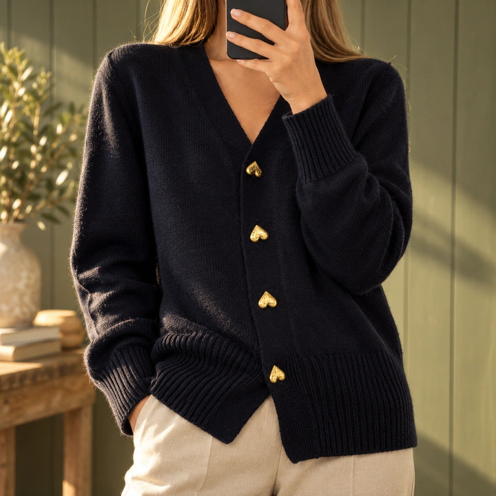 Olive Heart Button Soft Knit V-Neck Cardigan - Black