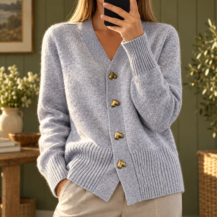 Olive Heart Button Soft Knit V-Neck Cardigan - Gray