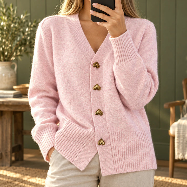 Olive Heart Button Soft Knit V-Neck Cardigan - Pink