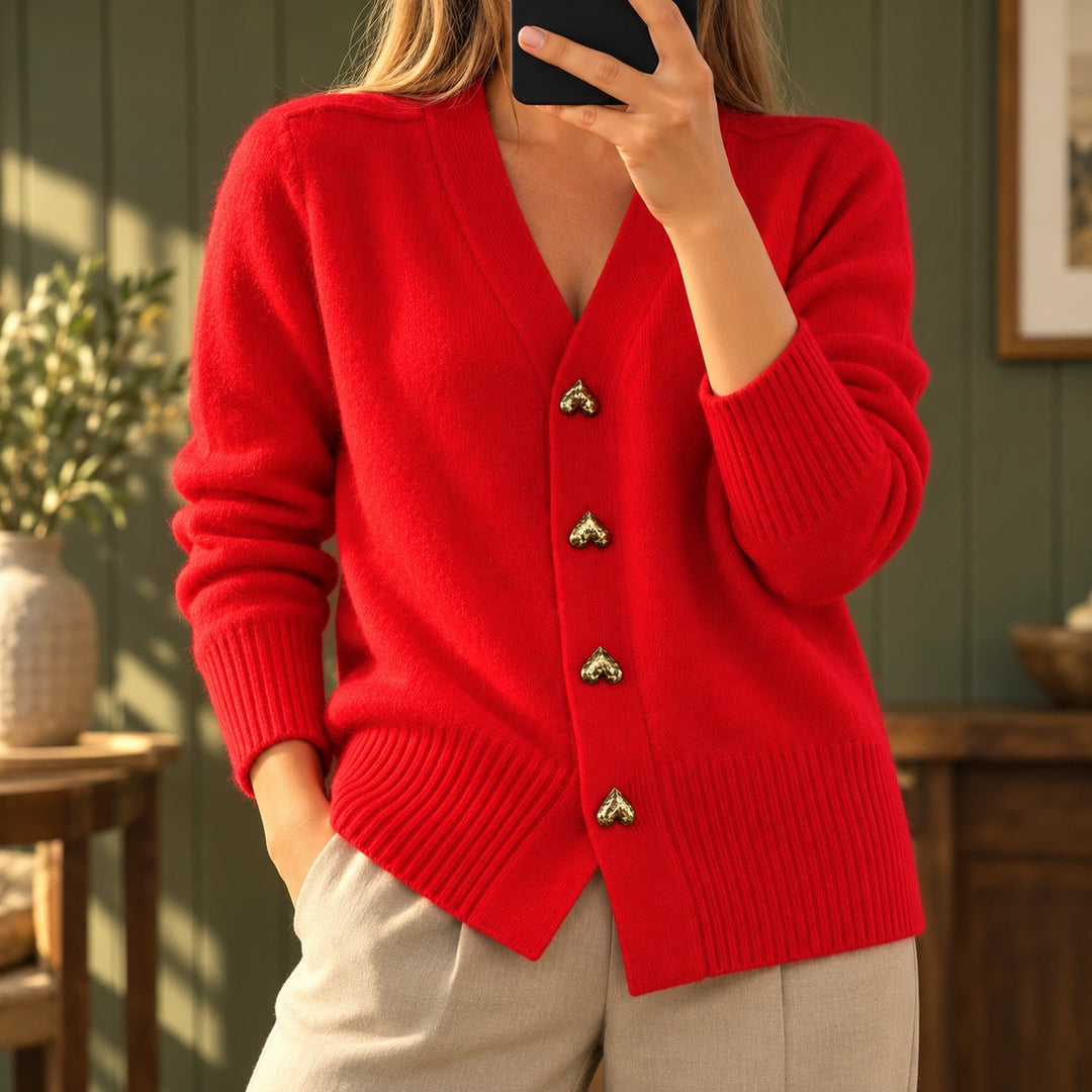 Olive Heart Button Soft Knit V-Neck Cardigan - Red