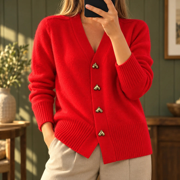 Olive Heart Button Soft Knit V-Neck Cardigan - Red