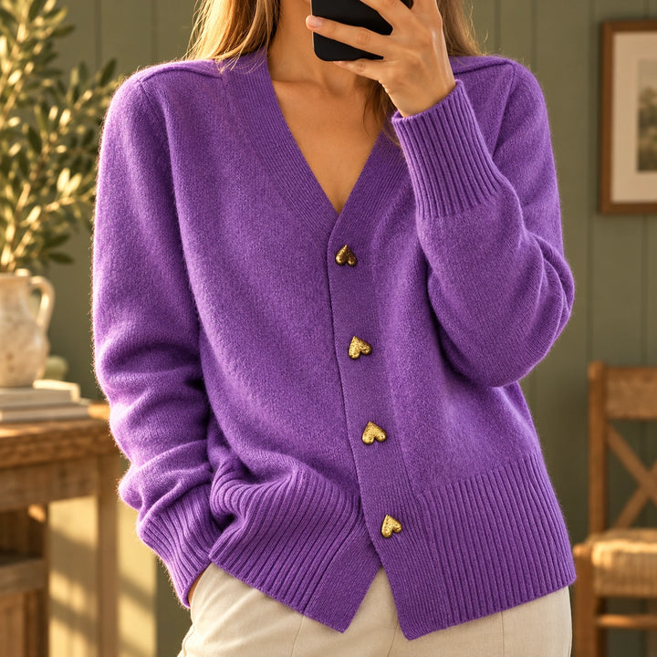 Olive Heart Button Soft Knit V-Neck Cardigan - Violet
