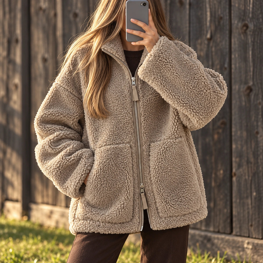 Olwen Teddy Fleece High Collar Zip Jacket - Khaki
