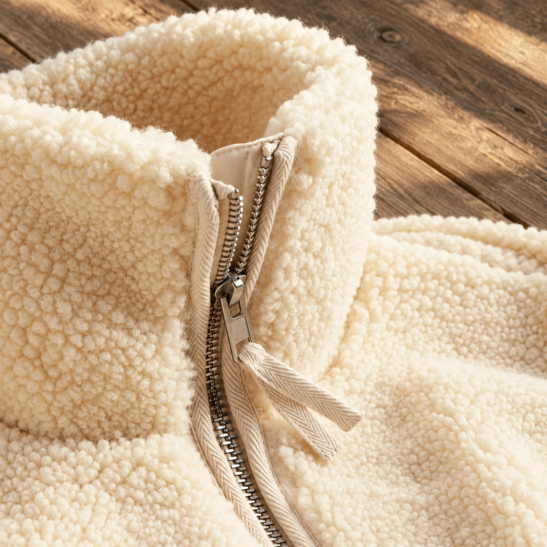 Olwen Teddy Fleece High Collar Zip Jacket - White
