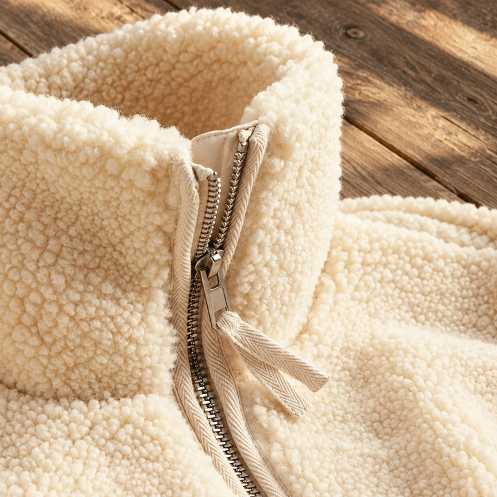 Olwen Teddy Fleece High Collar Zip Jacket - White