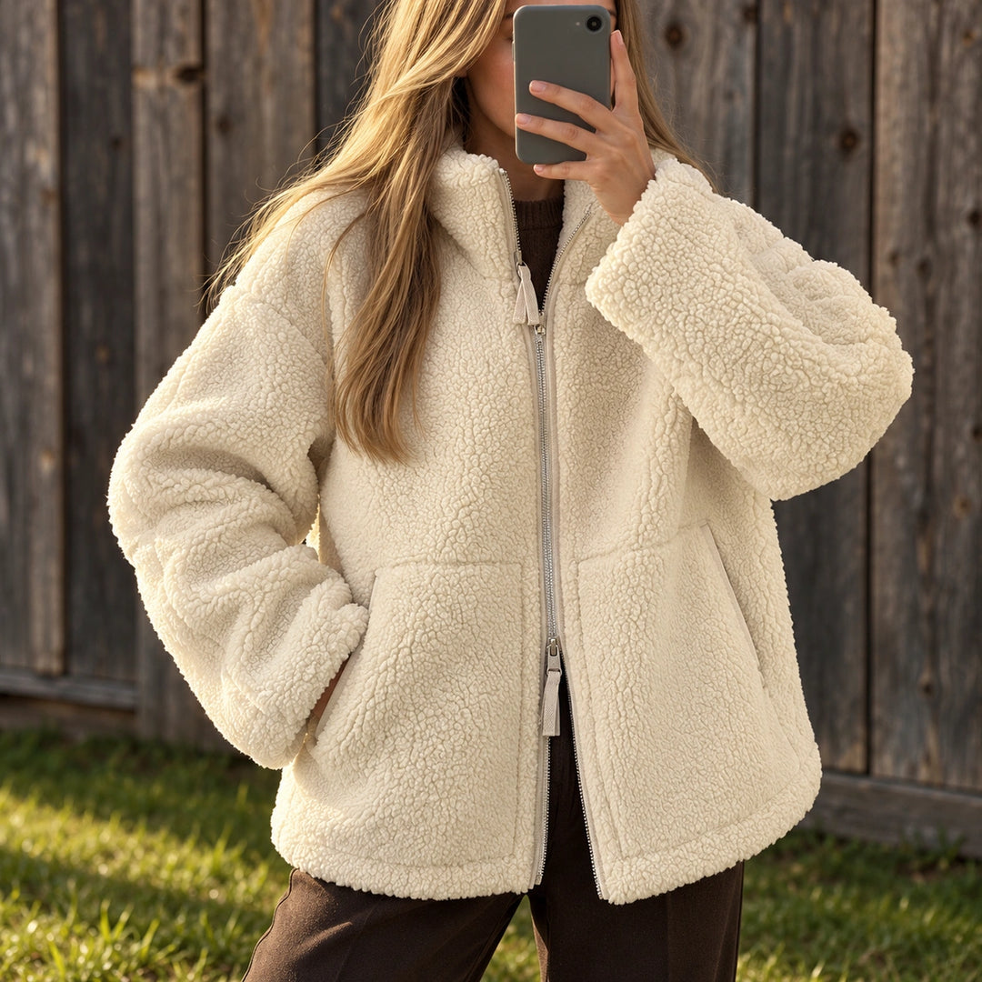 Olwen Teddy Fleece High Collar Zip Jacket - White